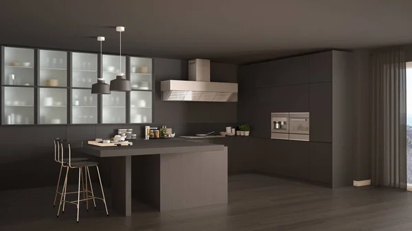 Cozinha cinzenta mínima clássica com piso em parquet, interior moderno — Fotografia de Stock
