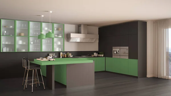 Cucina classica minimale grigia e verde con pavimento in parquet, moderno — Foto Stock