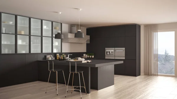 Klassiskt minimalt grått kök med parkettgolv, modern interiör — Stockfoto