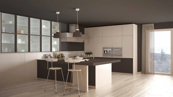 Cozinha branca e marrom mínima clássica com piso em parquet, modo — Fotografia de Stock
