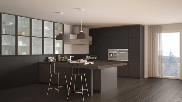 Klassiskt minimalt grått och brunt kök med parkettgolv, modern — Stockfoto