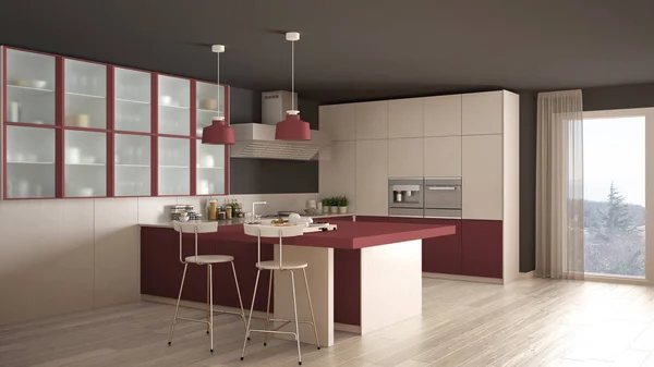 Классическая минимальная белая и красная кухня с паркетным полом, современная — стоковое фото