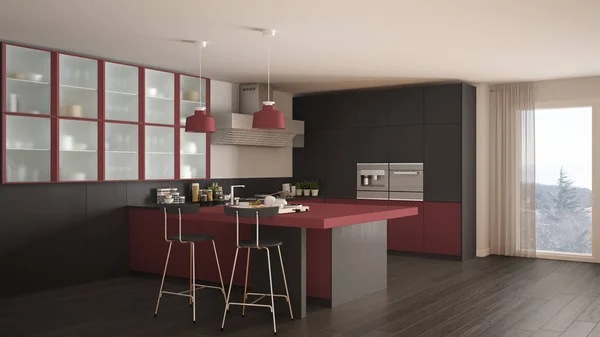 Klassiskt minimalt grått och rött kök med parkettgolv, modernt — Stockfoto