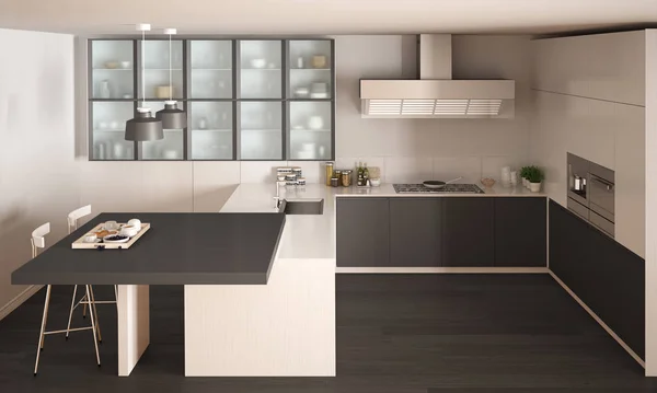 Cucina classica minimale bianca e grigia con pavimento in parquet, moderna — Foto Stock