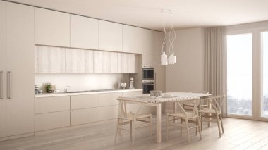 Ahşap zemini ve klasik iç mimarisi olan modern beyaz mutfak.