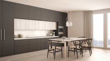 Ahşap zeminli, modern gri mutfak, klasik iç mekan. 