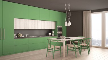 Ahşap zeminli, modern yeşil mutfak, klasik iç mekan.