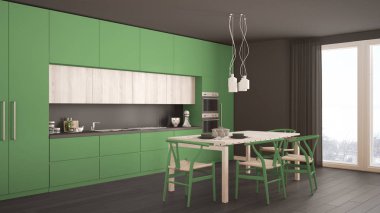 Ahşap zeminli, modern yeşil mutfak, klasik iç mekan.