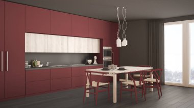 Ahşap zeminli modern kırmızı mutfak, klasik iç mekan.