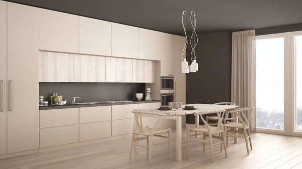 Modernt minimalt vitt kök med trägolv, klassisk interiör — Stockfoto
