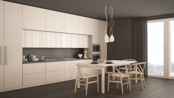 Современная минимальная белая кухня с деревянным полом, классический интерьер — стоковое фото