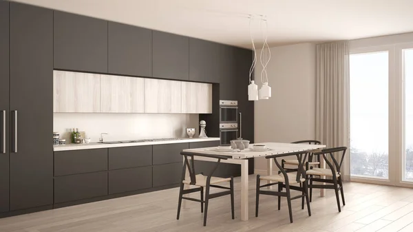 Moderna cocina gris minimalista con suelo de madera, interior clásico — Foto de Stock