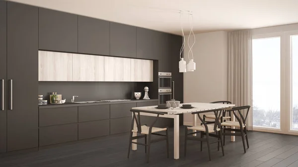 Modernt minimalt grått kök med trägolv, klassisk interiör — Stockfoto