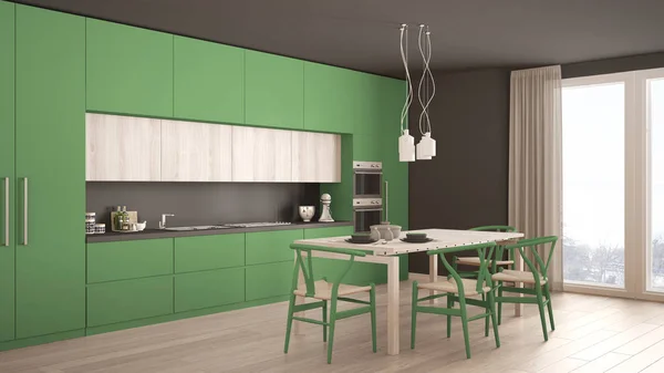 Moderne minimale groene keuken met houten vloer, klassiek interieur — Stockfoto