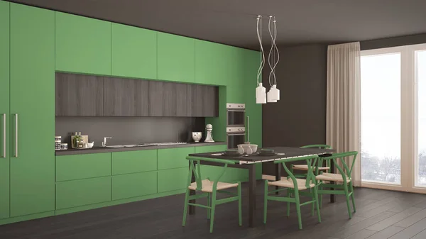Сучасна мінімальна зелена кухня з дерев'яною підлогою, класичний інтер'єр — стокове фото