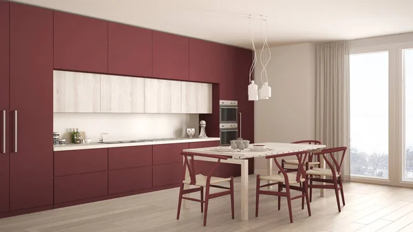 Moderna cocina roja minimalista con suelo de madera, interior clásico d — Foto de Stock