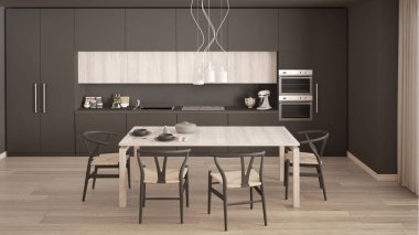 Ahşap zeminli, modern gri mutfak, klasik iç mekan. 