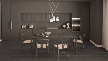 Ahşap zeminli, modern gri mutfak, klasik iç mekan. 