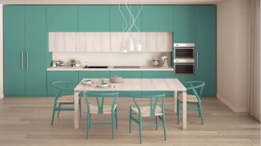 Ahşap zeminli modern minimal turkuaz mutfak, klasik inte