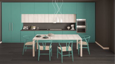 Ahşap zeminli modern minimal turkuaz mutfak, klasik inte