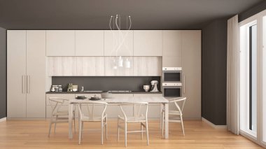 Ahşap zemini ve klasik iç mimarisi olan modern beyaz mutfak.