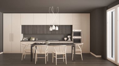 Ahşap zemini ve klasik iç mimarisi olan modern beyaz mutfak.