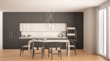 Ahşap zeminli, modern gri mutfak, klasik iç mekan. 