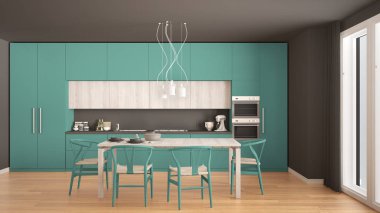 Ahşap zeminli modern minimal turkuaz mutfak, klasik inte