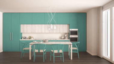 Ahşap zeminli modern minimal turkuaz mutfak, klasik inte