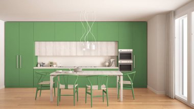 Ahşap zeminli, modern yeşil mutfak, klasik iç mekan.