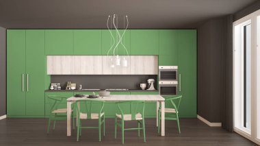 Ahşap zeminli, modern yeşil mutfak, klasik iç mekan.