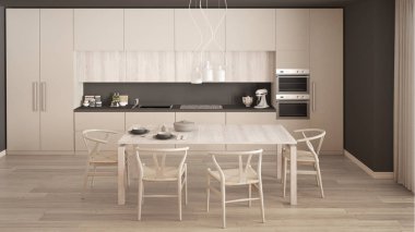 Ahşap zemini ve klasik iç mimarisi olan modern beyaz mutfak.