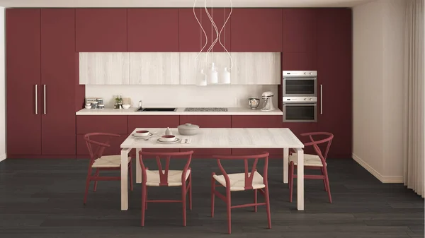 Moderne minimale rote Küche mit Holzboden, klassisches Interieur — Stockfoto