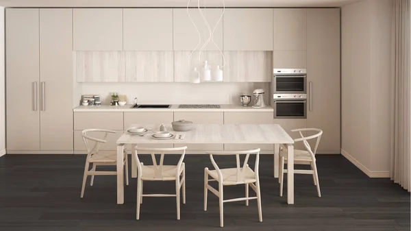 Moderní minimální bílá kuchyň s dřevěnou podlahou, klasický interiér — Stock fotografie