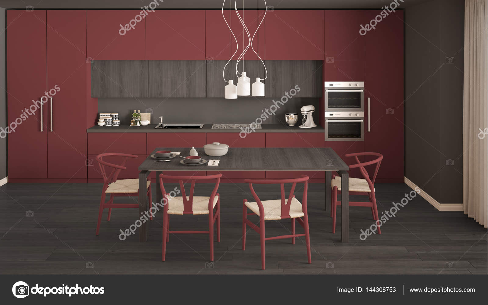 Modern minimal red kitchen with wooden floor, classic interior d