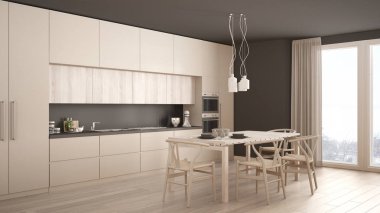 Ahşap zemini ve klasik iç mimarisi olan modern beyaz mutfak.