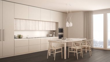 Ahşap zemini ve klasik iç mimarisi olan modern beyaz mutfak.