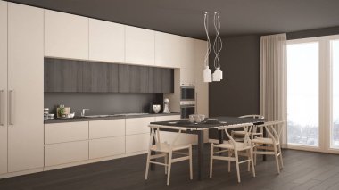 Ahşap zemini ve klasik iç mimarisi olan modern beyaz mutfak.