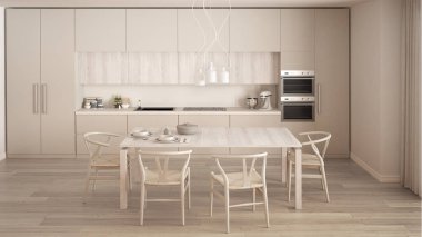 Ahşap zemini ve klasik iç mimarisi olan modern beyaz mutfak.