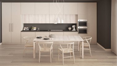 Ahşap zemini ve klasik iç mimarisi olan modern beyaz mutfak.