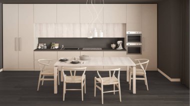 Ahşap zemini ve klasik iç mimarisi olan modern beyaz mutfak.