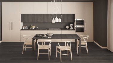 Ahşap zemini ve klasik iç mimarisi olan modern beyaz mutfak.