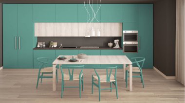 Ahşap zeminli modern minimal turkuaz mutfak, klasik inte