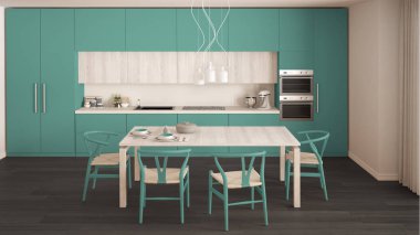 Ahşap zeminli modern minimal turkuaz mutfak, klasik inte