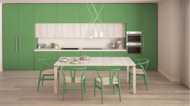Ahşap zeminli, modern yeşil mutfak, klasik iç mekan.