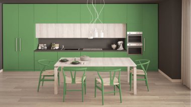 Ahşap zeminli, modern yeşil mutfak, klasik iç mekan.