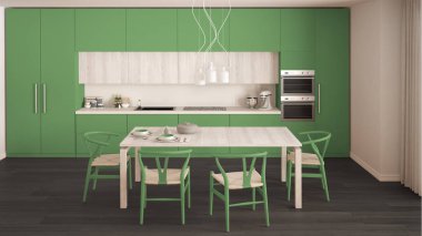 Ahşap zeminli, modern yeşil mutfak, klasik iç mekan.