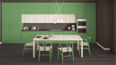 Ahşap zeminli, modern yeşil mutfak, klasik iç mekan.