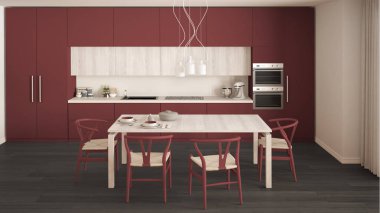 Ahşap zeminli modern kırmızı mutfak, klasik iç mekan.