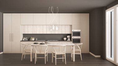 Ahşap zemini ve klasik iç mimarisi olan modern beyaz mutfak.